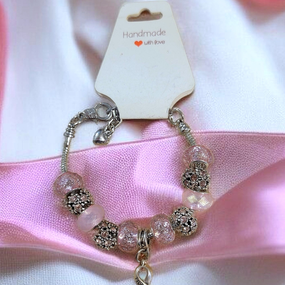 European Pink and Silver Breast Cancer Awareness Charm Bracelet Adjustable